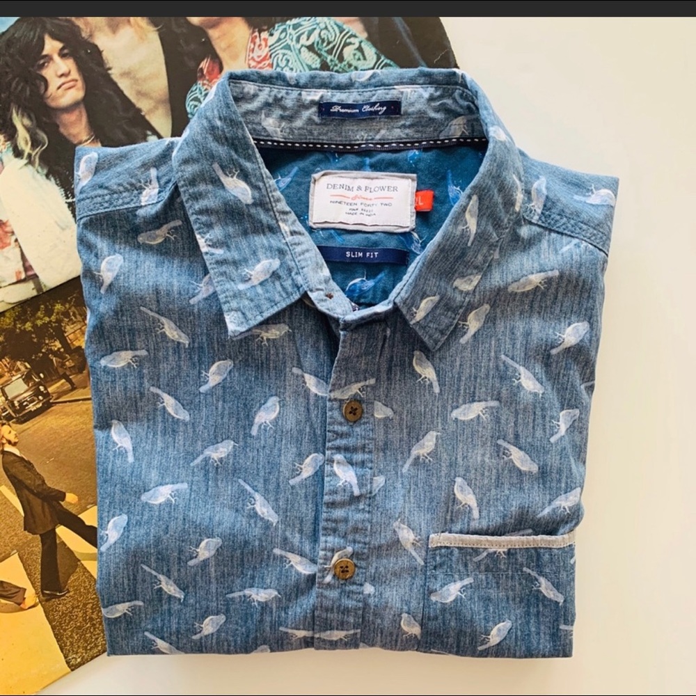 Denim & Flower | Blue Slim Fit Bird Button Down